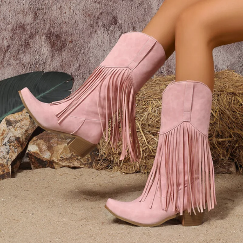 Розовые женские ковбойские сапоги до середины икры с кисточками и бахромой в