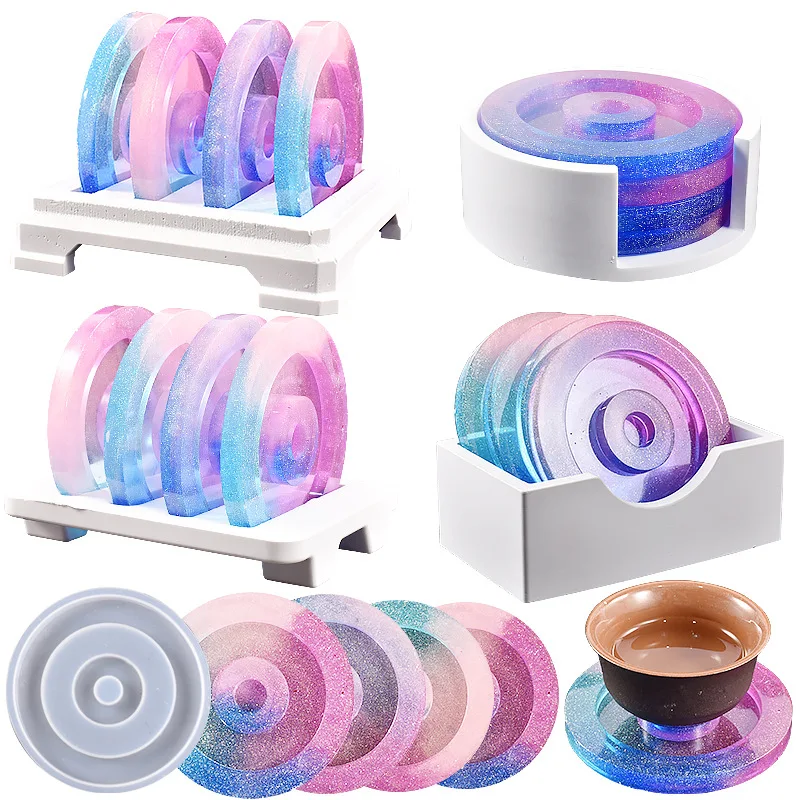 

Creative Coaster Tray Resin Silicone Mold Square Cup Pad DIY Circle Coaster Storage Box Resin Mold Handmade Casting Molds