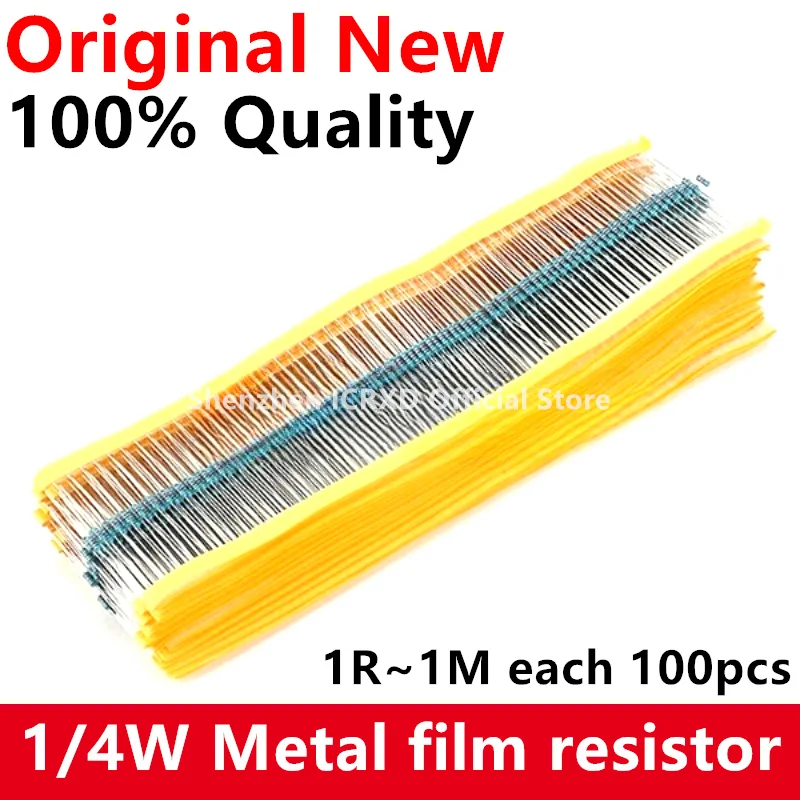 

100pcs/lot 1/4W Metal film resistor 1R~1M 100R 220R 330R 1K 1.5K 2.2K 3.3K 4.7K 10K 22K 47K 100K 100 220 330 1K5 2K2 3K3 4K7 ohm