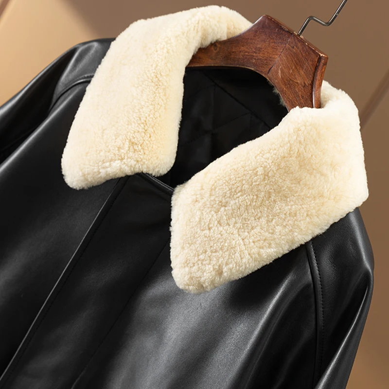 2022 New Genuine Leather Jacket Women  Sheepskin  Zipper  High Street  Pockets  Autumn/Winter Wool Collar Detachable