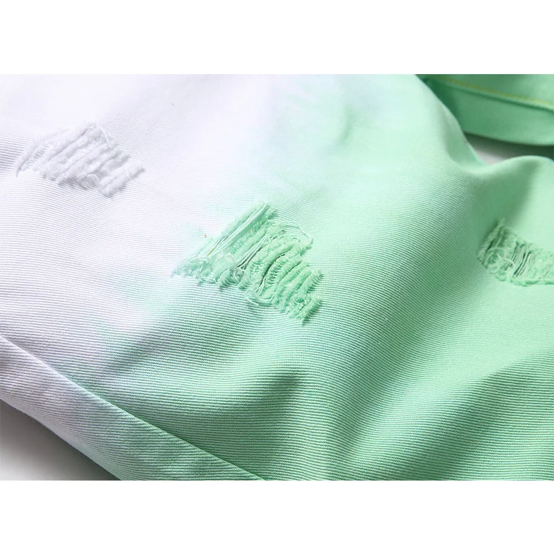 Mens Shorts Fashion Hole Gradient Grass Green Jeans Summer Knee Length Denim Pants Ropa Hombre