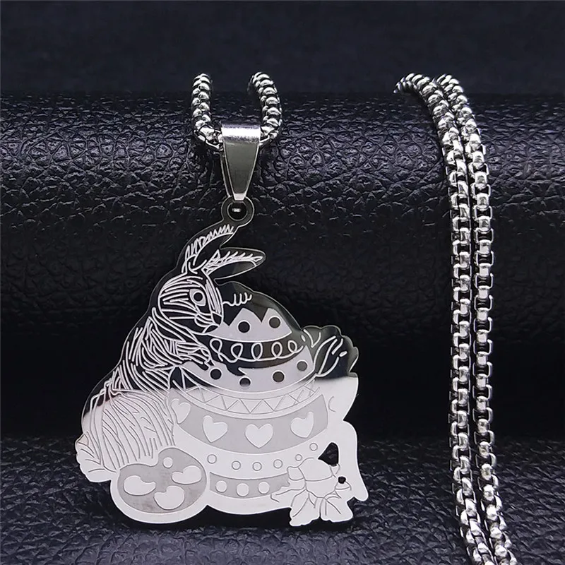 

Bunny Eggs Stainless Steel Statement Necklace Women/Men Silver Color Animal Necklaces Jewelry Easter Gift bijoux femme N2223S07