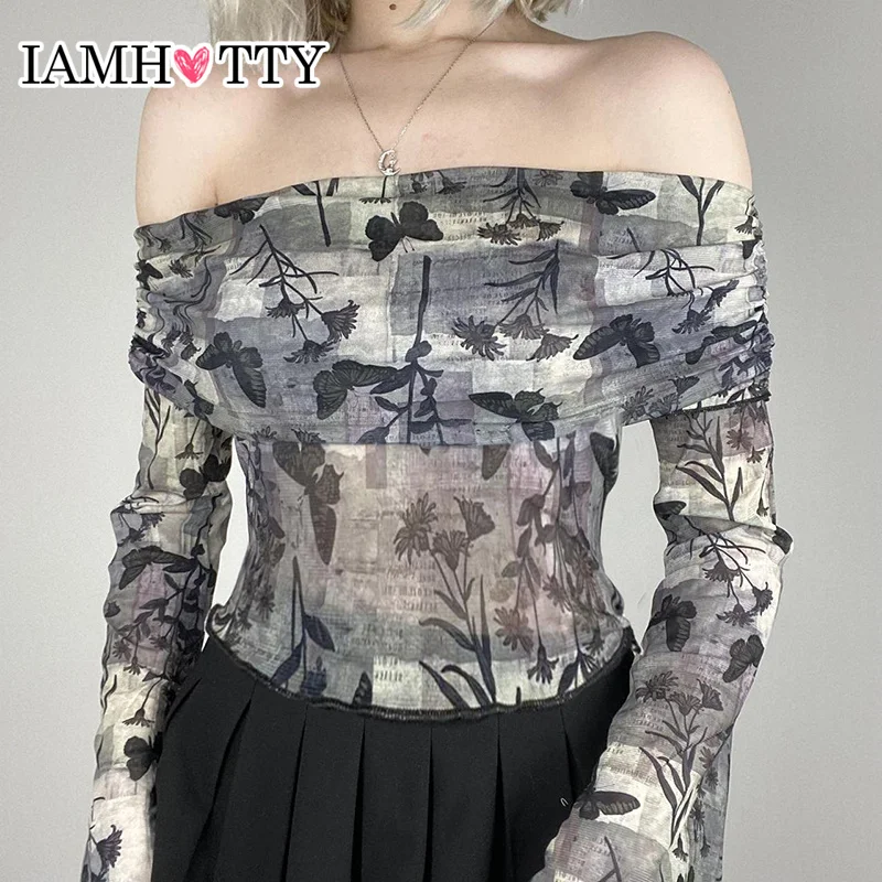 IAMHOTTY винтажный сетчатый топ с принтом бабочки Женская осенне-Весенняя Футболка