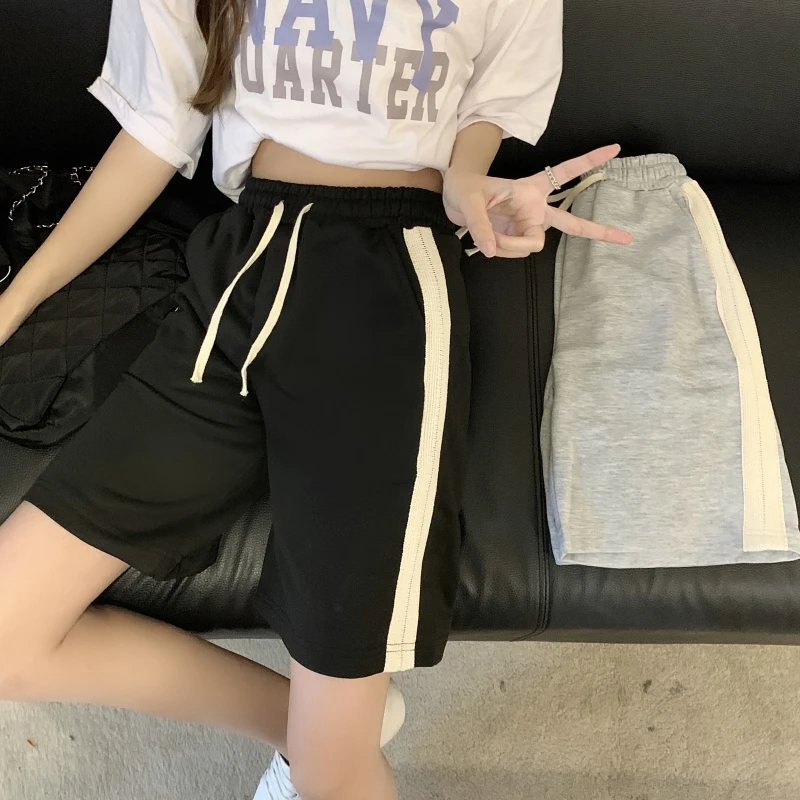 

Summer Loose Wide High Waist Shorts harajuku Five Points Sport Women Shorts Casual Black Gray Striped Short Pants Oversized pant