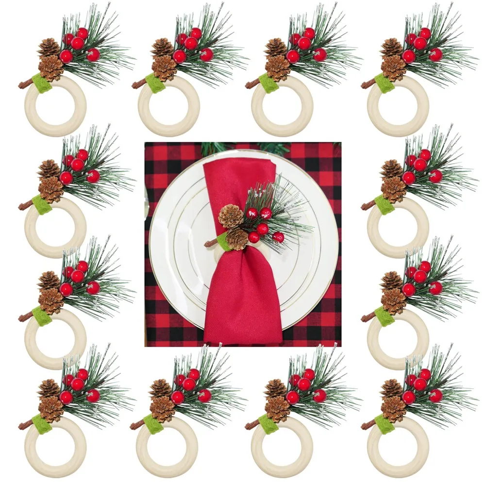 

Christmas Pine Cones Napkin Rings Set Of 12,Berry and Pine Needles with Snow Xmax Napkin Holders for Decorations