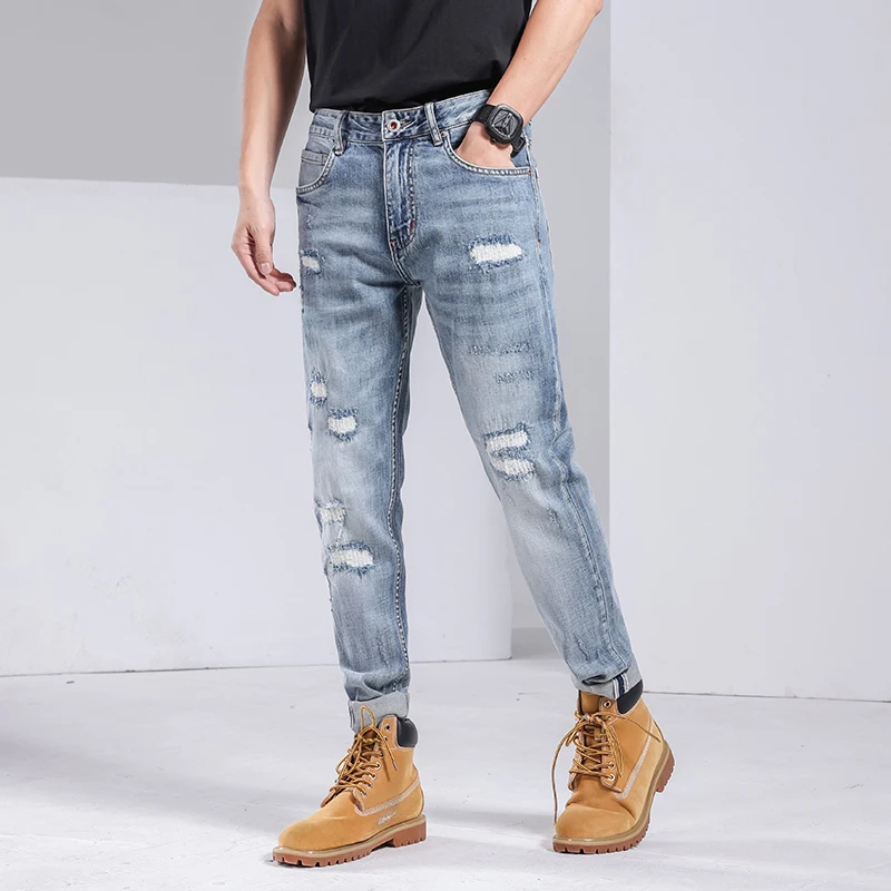 Spring Summer Light Weight Ripped Straight Fashion Street Jeans Men's Casual Stretch Denim Pants Male Mid-waist Trousers