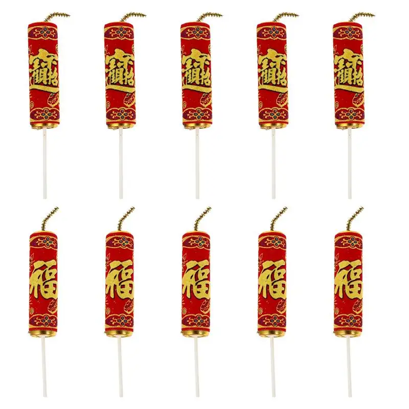 

10Pcs Firecracker Shaped Cake Toppers Creative Party Care Ornament Photo Props Baofu Three-Dimensional Firecrackers