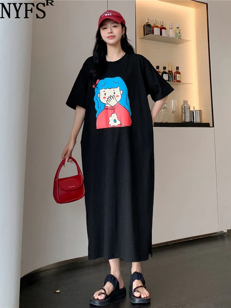 

2023 Summer New Korea Woman Dress Vestidos Robe Elbise Loose Plus Size Pocket Slit Print Short Sleeve Long Dresses