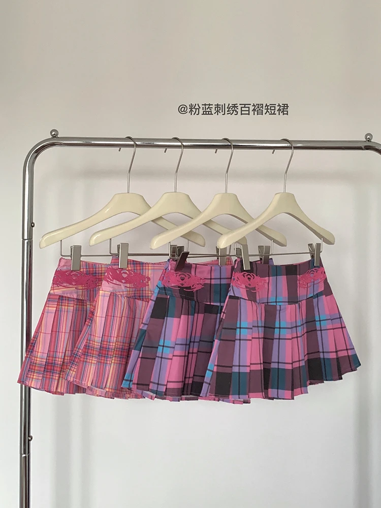 

Japanese Preppy Style Sweet Plaid Skirts Women Gothic Pink High Waist Pleated Skirt Kawaii Girls JK Uniform Harajuku Streetwear