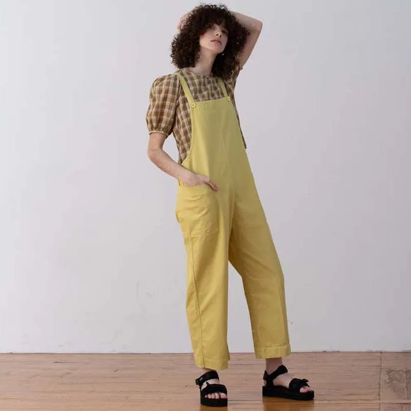 YUTU&MM Homemade Lemon Yellow Cotton Street Style Jumpsuit overalls  Trousers Multi Pocket Shirt Collar Cargo Pants
