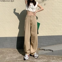 womens wide leg jeans loose high waist thin harajuku style solid color casual buttons pocket female fashion all match pants