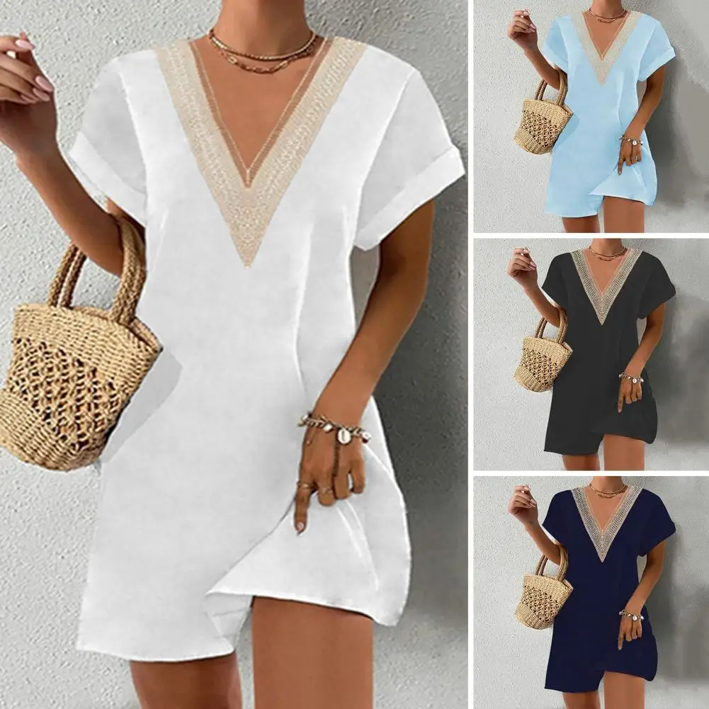 Women Cotton Linen Dress Summer Fashion Solid Color Hallow Out Mini Dresses Female Oversize Casual Mid-Sleeve Dresses Vestidos