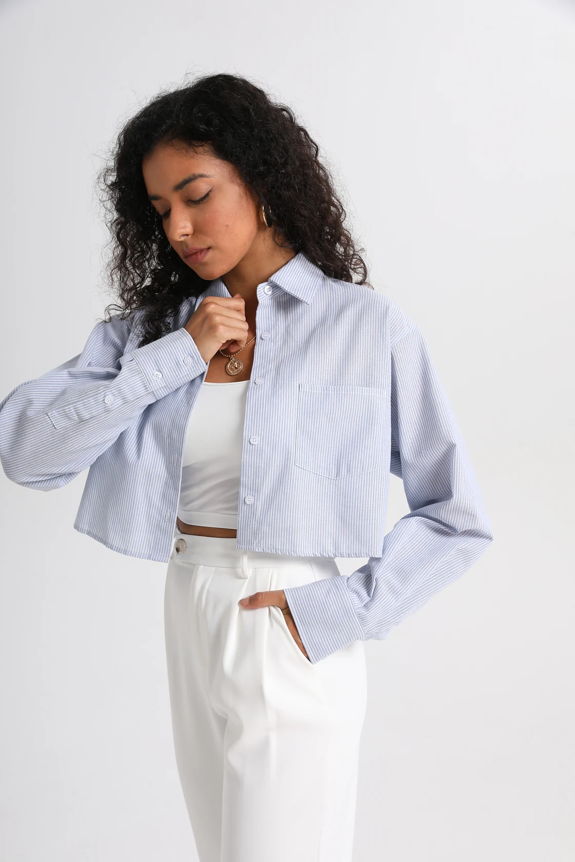 JHJN Женская рубашка в синюю полоску Французское универсальное пальто Тонкие