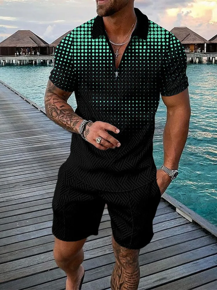 2023 Summer Men Set Dot Print Patchwork Lapel Short Sleeve Casual polo ShirtRelaxatioVentilateShortsHawaiian Men's Suit