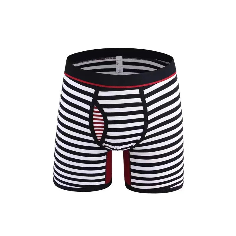 

M-6XL Fashion Men's Stripe Boxers Sexy Cotton Lengthen Straight Angle Pants FRONT OPENING Design Underpant