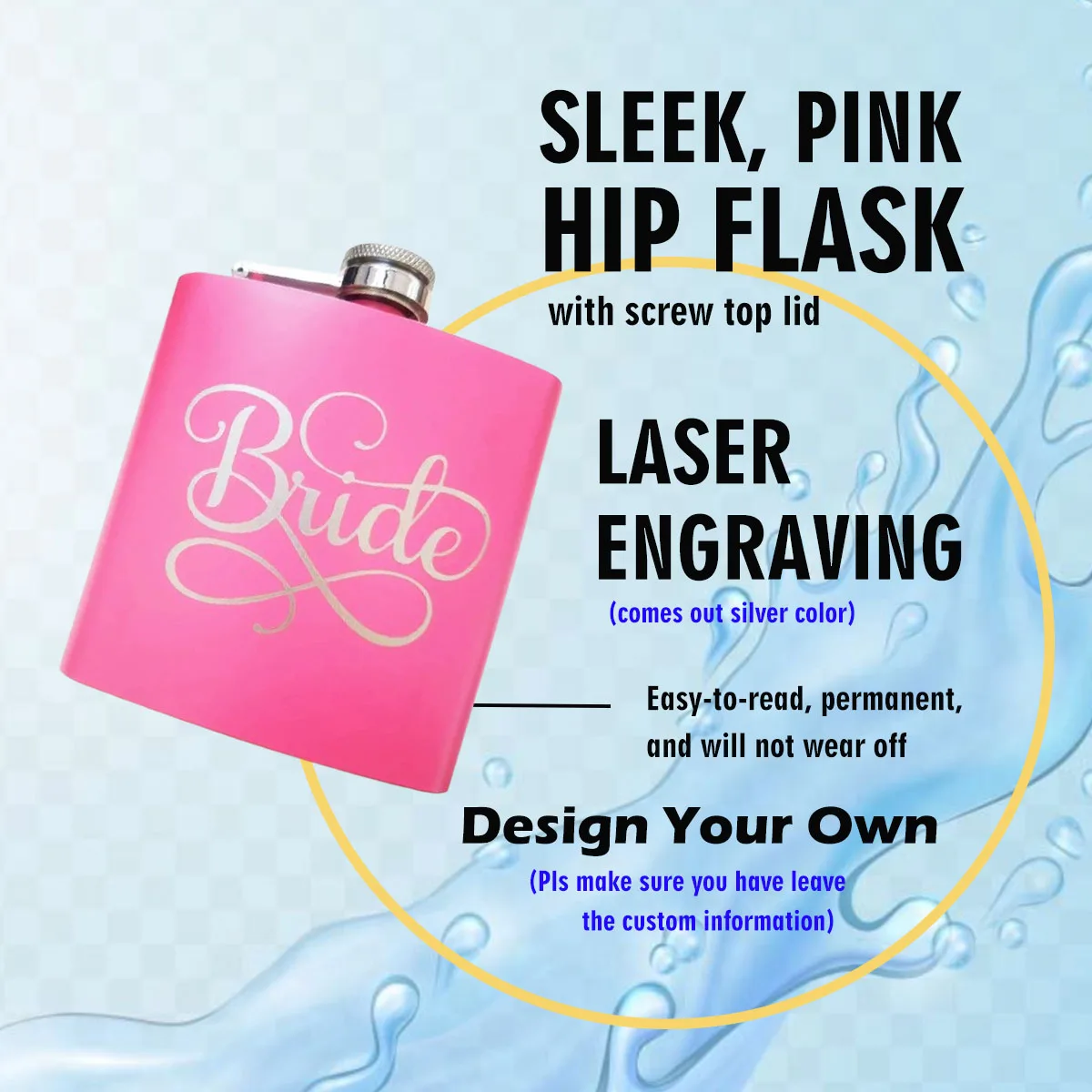 Фляга розовая с лазерной гравировкой для подружки невесты 6 унций