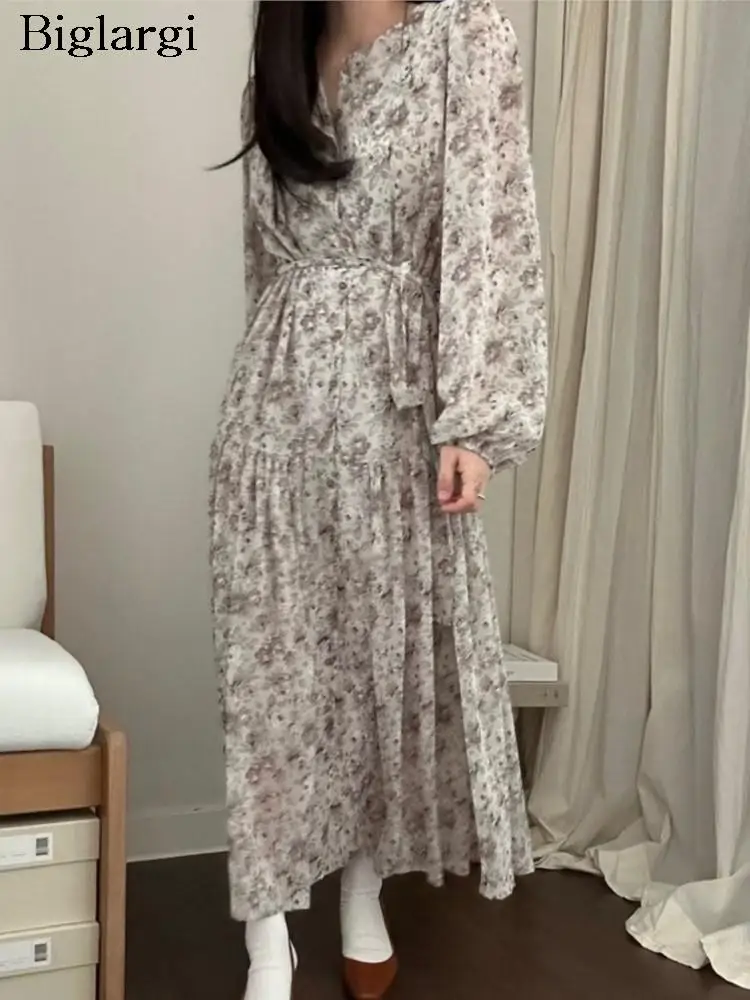 

Женское шифоновое платье с оборками, повседневное Длинное свободное платье с цветочным принтом, модель 2023 в Корейском стиле на осень