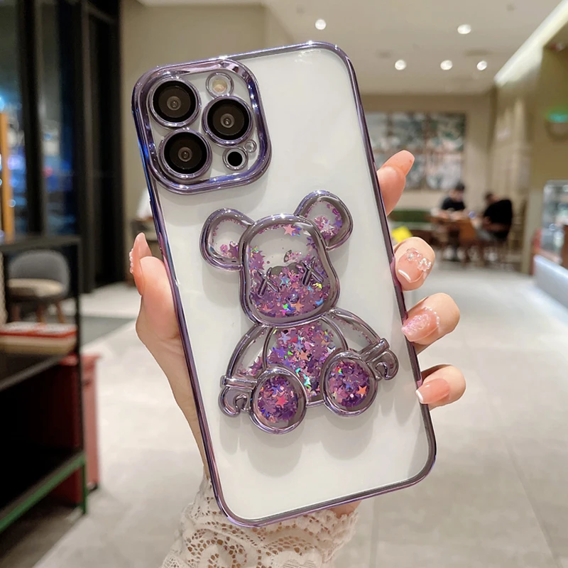 

Transparent Glitter Bling Quicksand Cute Bear Sequins Case For iPhone 14 13 12 11 Pro Max XS XR X iPhone13 iPhone14 Clear Covers