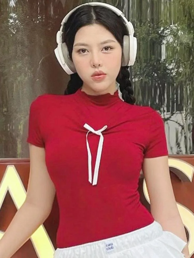 Красная футболка Y2K одежда для женщин летние облегающие топы с милым бантом и