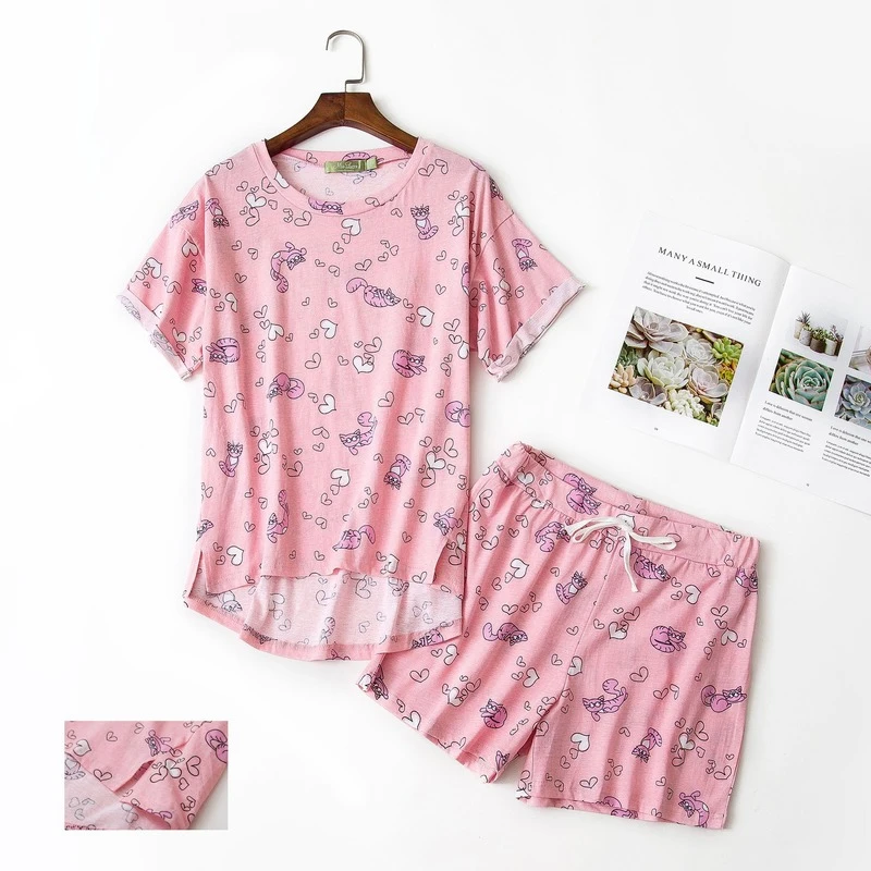 QWEEK Japanese Kawaii Pajamas Suit with Shorts for Women Sleepwear Cotton Pijamas Two Piece Set Summer Nightwear Pyjamas Cute