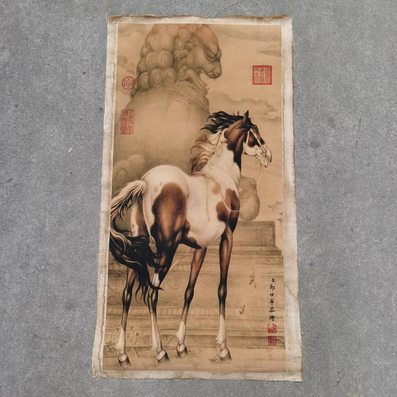 Chinese Old Scroll LangShiNing- Landscape Rice Paper Painting Slice | & Calligraphy