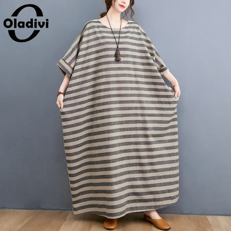 

Oladivi Oversize Oversized Cotton Linen Striped Dress Women Summer 2021 New Casual Loose Dresses 581971 L 4XL 5XL 6XL 8XL 10XL