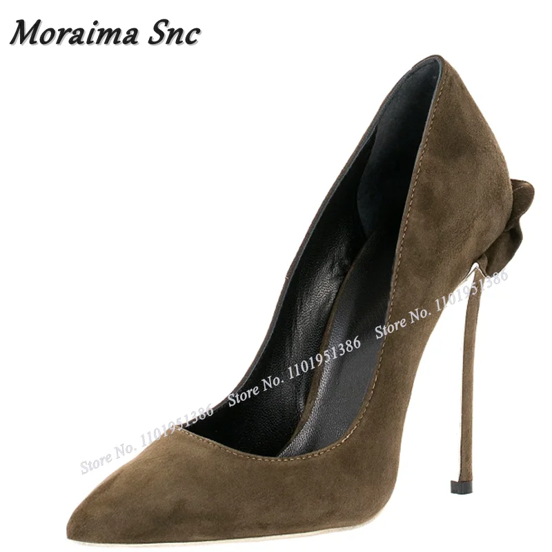 Moraima Snc Suede Metal Heel Pumps For Women Shallow Solid Pointed Toe Slip on Stiletto Heels Sandals Wedding Zapatillas Mujer