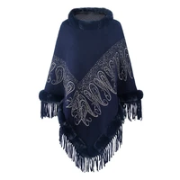 fur collar winter shawls and wraps new cape print tassel coat women winter lady ponchos capes navy