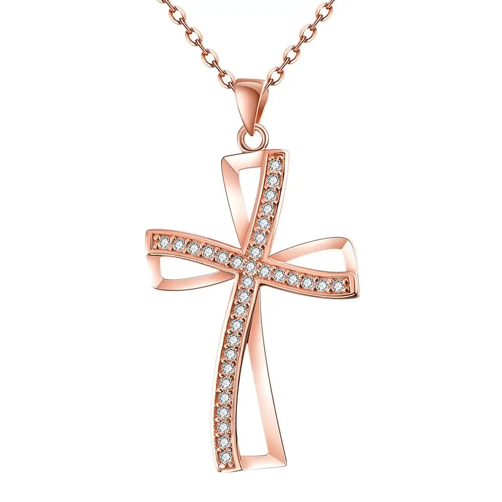 

1PC Real Rose Gold Plated Brass Cubic Zirconia Cross Pendant Necklaces 18 inch