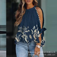 womens blouse summer fashion print loose embroidered flares shirt womens casual long sleeve strapless round neck bandage shirt