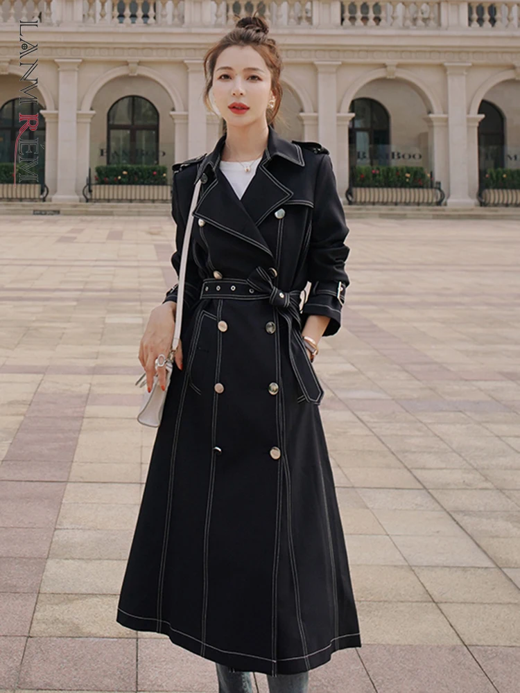 

LANMREM Topstitched Contrast Trench Coat For Women Long Sleeve Belt Metal Double Breasted Windbreaker Autumn Winter 2Q1050