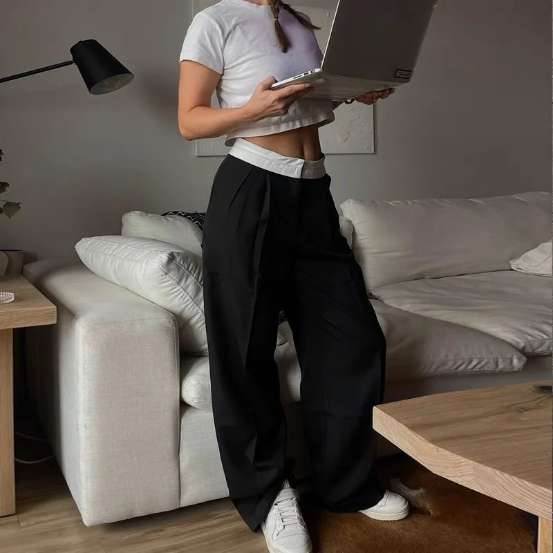 Th*r0* Women Wool Pants High Waist Button Straight-leg Suit Pants Career Loose Fitting Lady Casual Pants Traf Pantalon