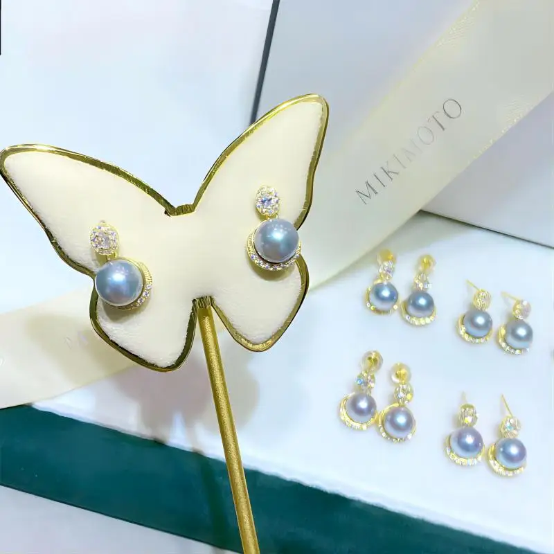 

Fairy Natural 7-8mm Akoya Seawater Silver Blue Pearls Princess Style Stud Earrings 925 Sterling Silver For Women Girls Jewelry