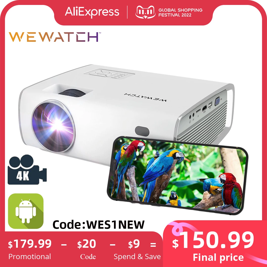 Tanie WEWATCH S1 Smart OS Projektor Native1080P 4K Obsługiwane 360 ANSI Lumenów Kina Domowego Android Projektor LED Full HD WIFI Beamer
