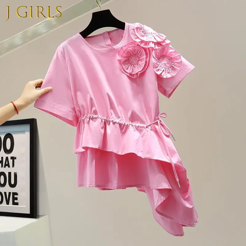 

J GIRLS Chic 3D Flowers Women Tops Fashion Irregular Ruffles Blouse 2022 Spring Summer Korean Bandage Slim Waist Blusas Mujer
