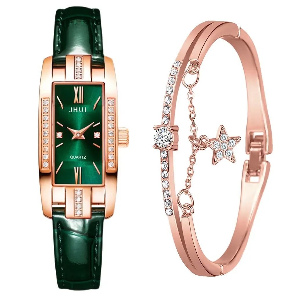 Watches Women Square Rose Gold Wrist Watches Green Leather Fashion Watches Female Ladies Quartz Clock Gifts montre femme