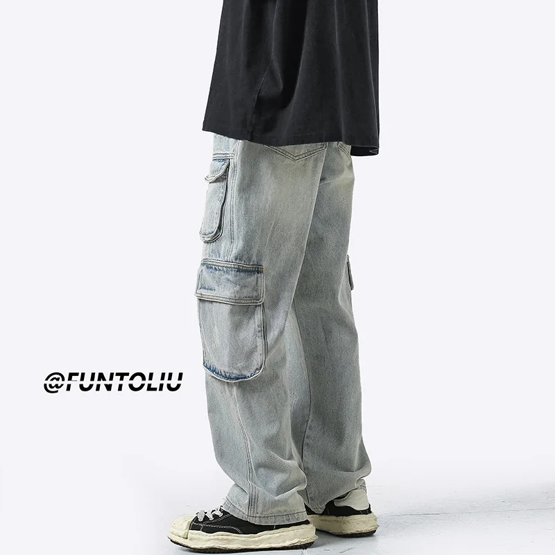 Blue Black Baggy Cargo Jeans Men Fashion Casual Pocket Jeans Men Streetwear Hip Hop Loose Straight Denim Pants Mens Trousers