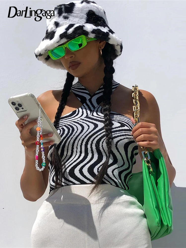 

Darlingaga Streetwear Water Ripples Beach Knitted Halter Tank Top Backless Sweater Vest Off Shoulder Sexy Summer Crop Tops Slim