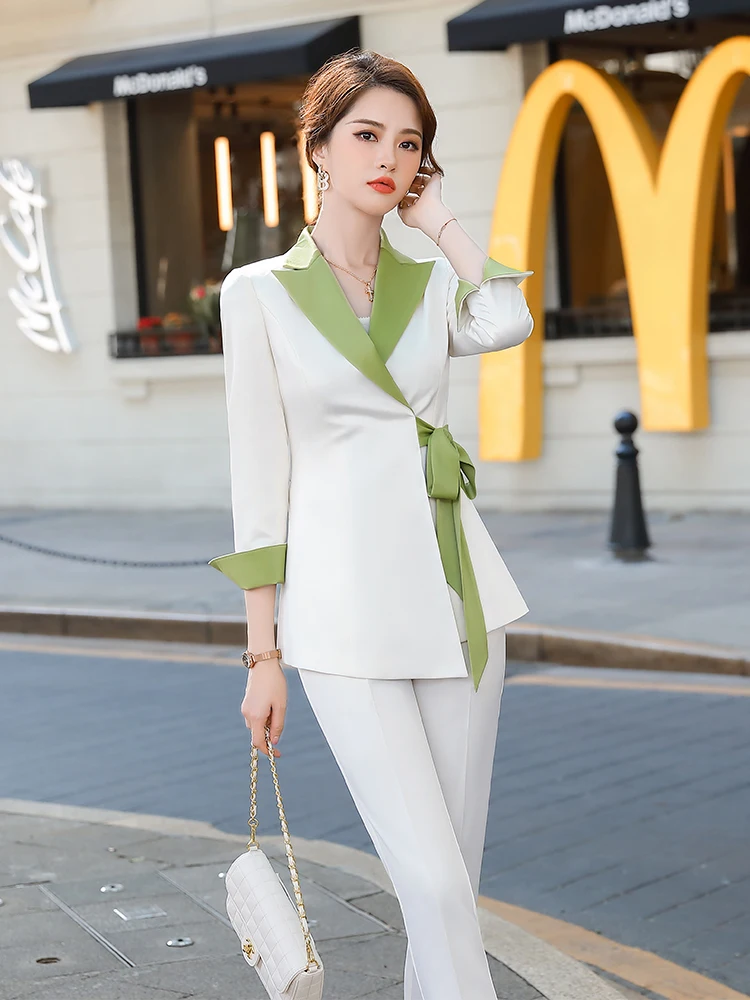 Women Fashion 2 Piece Set Ladies Casual Patchwork With Bow Belt Blazer + Pencil Pants Korean Design Business Pant Suit
