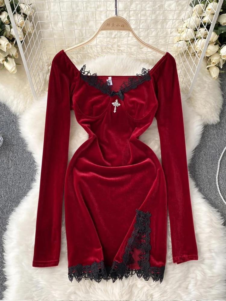

YuooMuoo Fashion Christmas Party Red Mini Dress High Waist Lace Patchwork Velvet Black Gothic Dress
