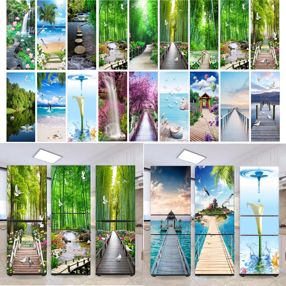 

Sea View Forest Scenery Fridge Door Sticker Self Adhesive PVC Whole Door Mural Cover for Bedroom Living Room Wallpaper Decor