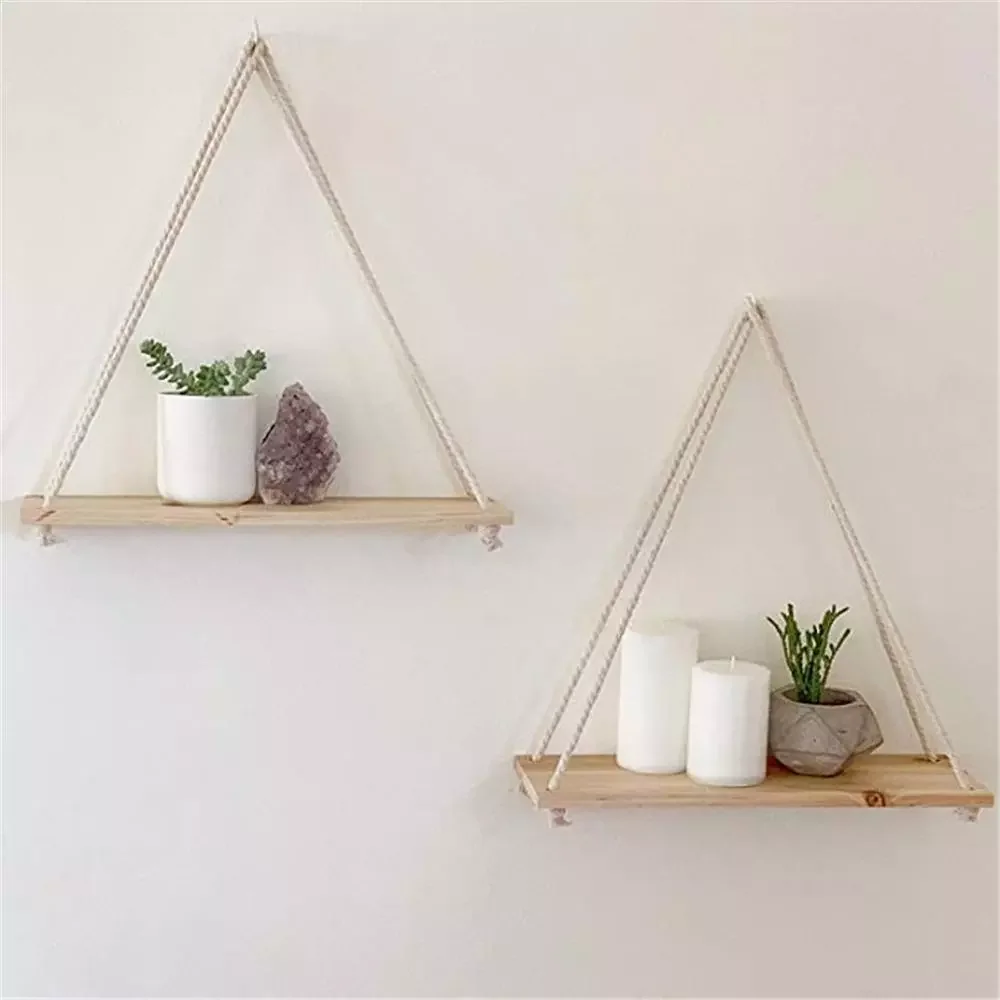 

Premium Wood Swing Hanging Rope Wall Mounted Floating Shelves Plant Flower Pot indoor outdoor decoration simple design