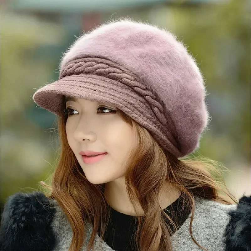

New Women Beret Hats Fashion Winter Warm Rabbit Fur Knitted Beanie Ladies Female Casual Fleece Berets Cap bonnet hiver femme