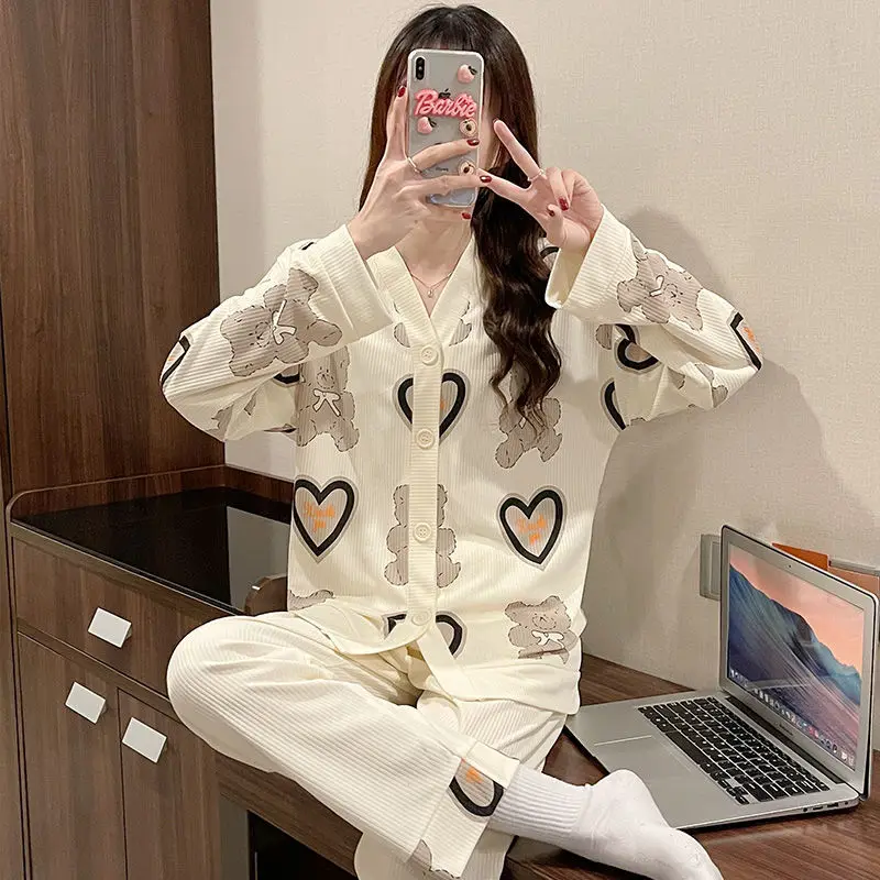 QWEEK Home Suit for Women Sleepwear Pajamas Kawaii Bear Heart-shaped Pyjamas Autumn Winter Pijamas Negligee Nightwear Roomware