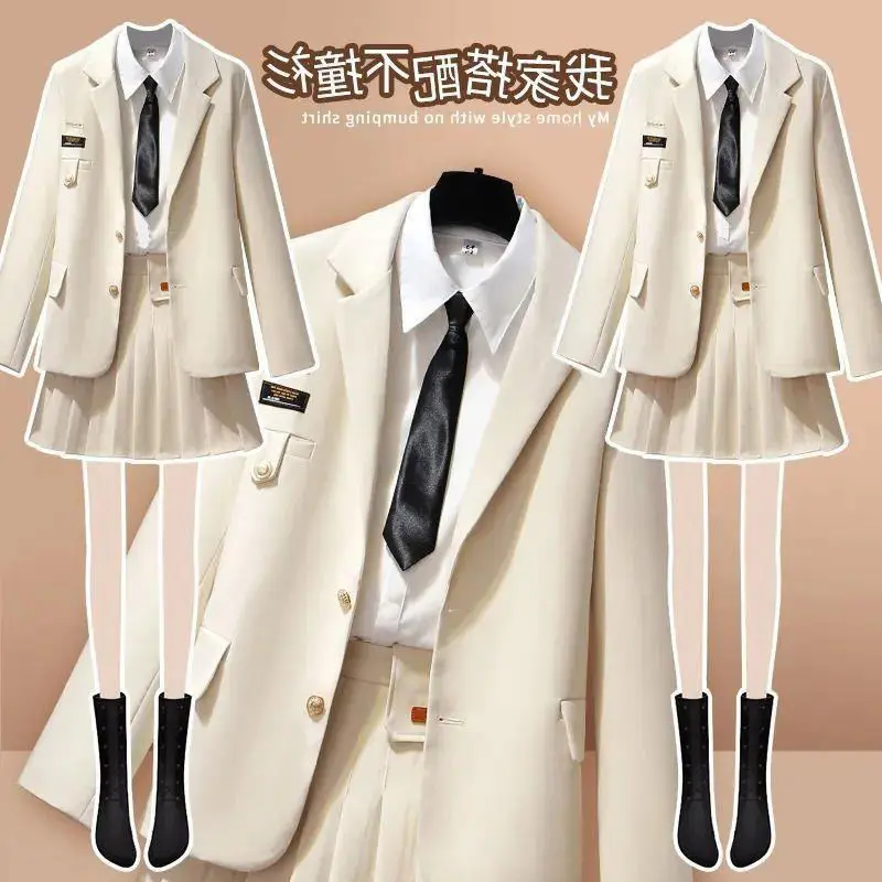 

JK College Style Suit Women Autumn Two-Piece Suit Younger Three-Piece Set Pleated Skirt+shirts+blazer Coat Female Preppy Style