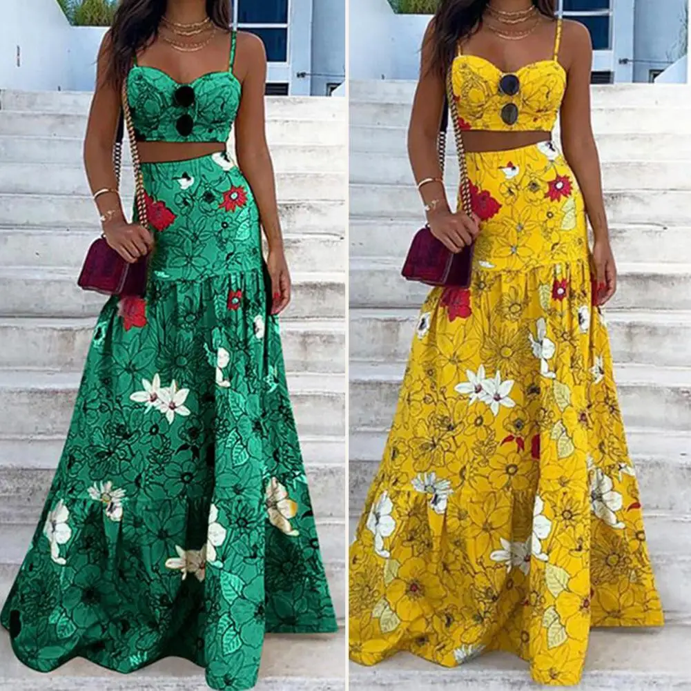 

2Pcs Beach Crop Top Skirt Set Colorful Floral Print Spaghetti Strap Tank Top Floor Length Lady Maxi Long Skirt Summer Suit