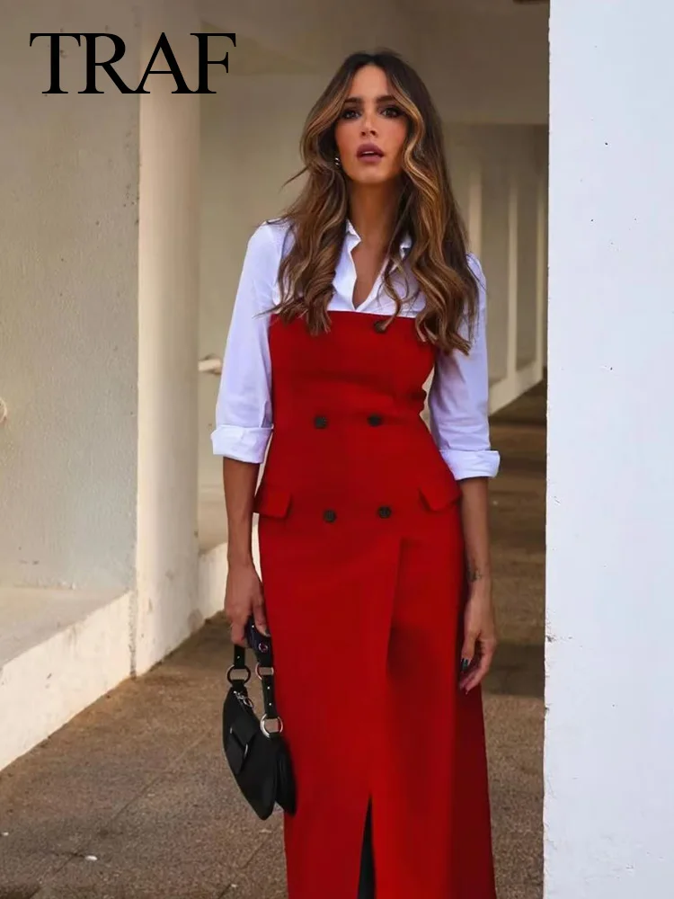 

TRAF 2023 Elegant Women's Autumn Fashion Solid Chest Wrap Dresses Off Shoulder Sleeveless Dress Pockets Female Slim Long Dress