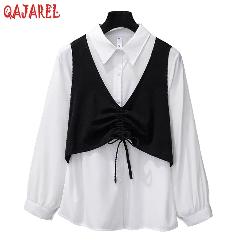 Женская блузка с длинным рукавом черная Облегающая рубашка имитацией двух