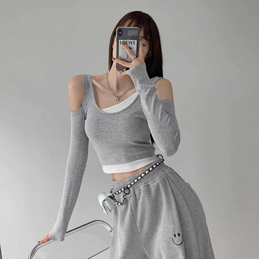 Футболка женская с длинным рукавом пикантный кроп-топ в стиле пэчворк модная