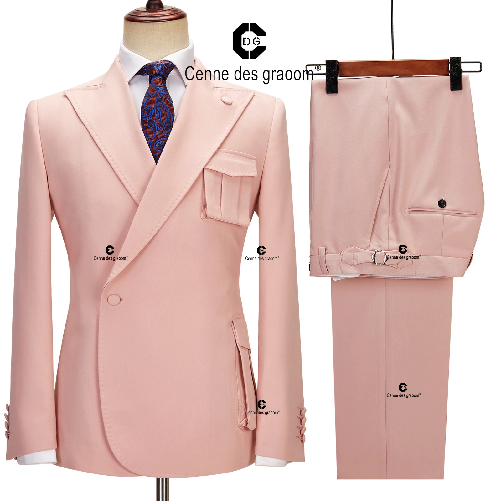 Cenne Des Graoom 2023 New Coat Design Right Side Button Men Suits Pink Jacket Pants 2 Pcs Set Dinner Wedding Dress Party Groom